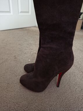 Christian Louboutin Dark Brown Suede Knee-High Stiletto Boots with Red Sole